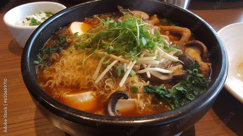 Enticing photo of a bowl of spicy miso ramen topped with sliced pork and vegetables in a cozy Japanese setting