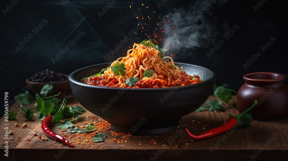 Striking photo of a bowl of spicy udon noodles garnished with fresh herbs in a Japanese ambiance Striking photo of a bowl of spicy udon noodles garnished with fresh herbs in a Japanese ambiance