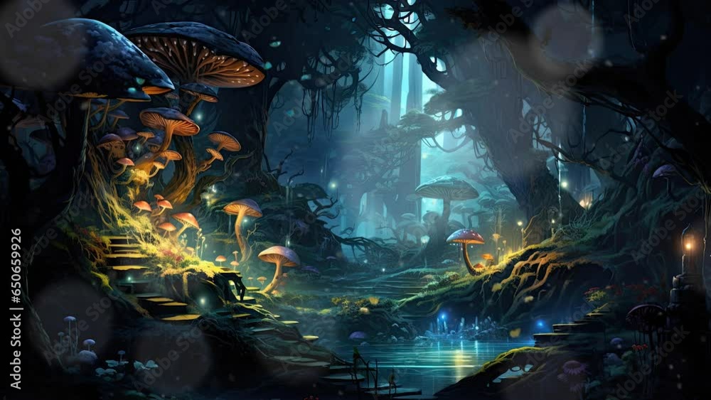 fantasy nature landscape with mushroom and butterfly animated background in Japanese anime watercolor painting illustration style. seamless looping video animated background