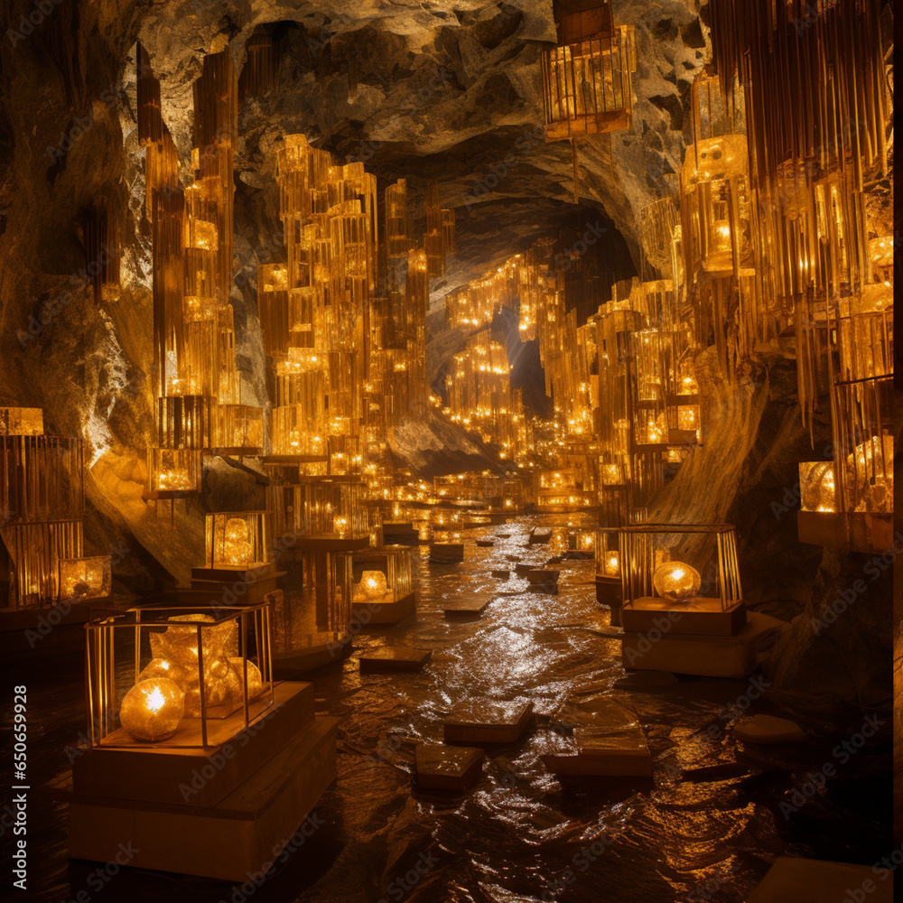 Obraz premium hundreds of bars of gold in a cave