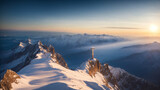 Beacon of Belief: Radiant Cross on Snowy Mountain Panorama.