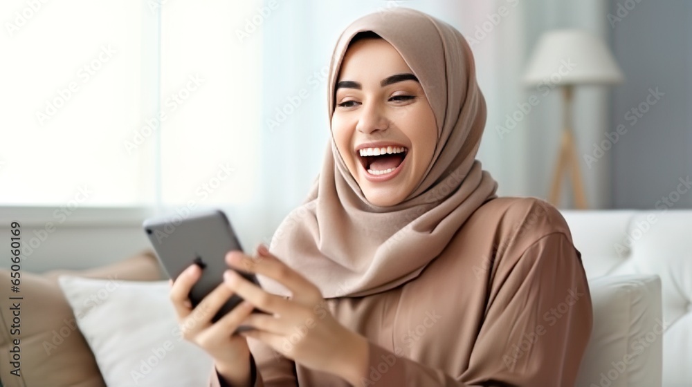 Cheerful and Happy Hijab Woman Sitting and Holding Cellphone, Radiating Positivity and Joy Cheerful and Happy Hijab Woman Sitting and Holding Cellphone, Radiating Positivity and Joy
