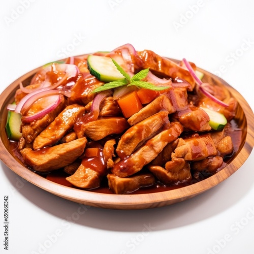 Ginger pork stir-fry, depicting the caramelised pork slices, the bell peppers and the sprinkling of sesame seeds