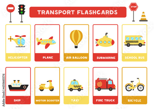 Cute cartoon transformation means with names. Flashcards for learning English.