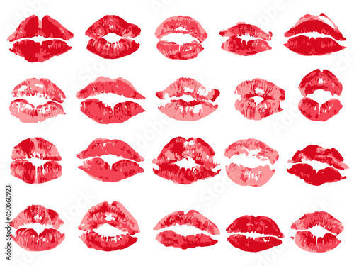 Woman lipstick red kiss marks, different shape prints. Isolated on white imprints of love. Mouth and lips makeup.