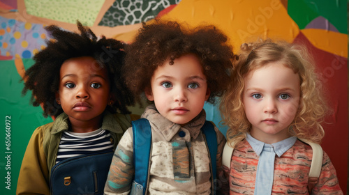 Portrait of diverse toddlers posing against a colorful wall at kindergarten or preschool