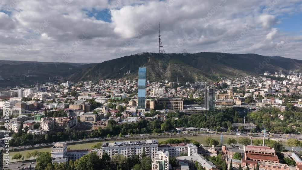 bilisi, Georgia - July 13 2023: Flying over Shota Rustaveli avenue in the center of city. Aerial view of The Biltmore Tbilisi Hotel bilisi, Georgia - July 13 2023: Flying over Shota Rustaveli avenue in the center of city. Aerial view of The Biltmore Tbilisi Hotel