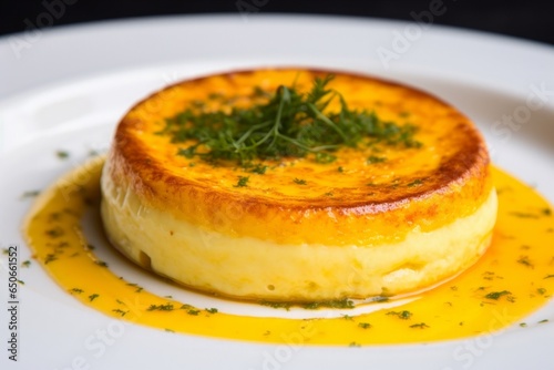 savory egg custard with light caramelized crust, on a delicate white plate, garnished with a sprig of parsley