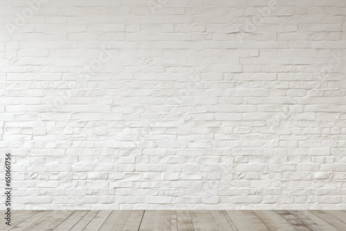 This white brick wall and wooden floor background is prepared for perfect mockups and 3D rendering.

 Generative AI