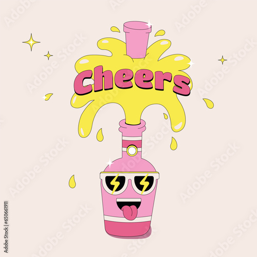 Champagne bottle with a flying cork in groove style. Cartoon isolated bottle with bright flowers for Happy Birthday, Christmas and New Year greetings, sparkling wine splashes
