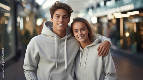 Young fashion smiling travelers couple with solid color hoodie, Plaza shopping district background.
