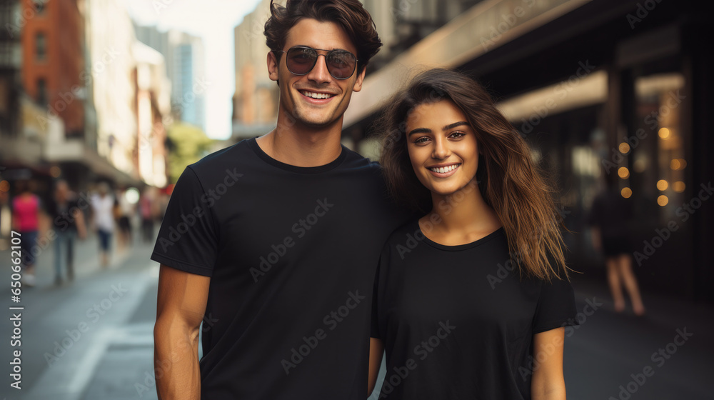 Young fashion smiling travelers couple with black T-shirt, Plaza shopping district background.