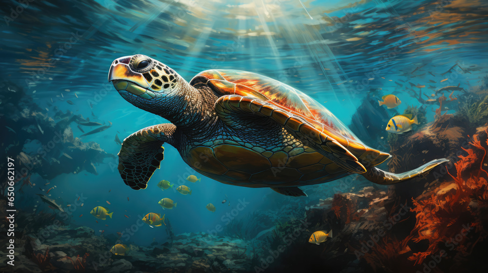 Obraz premium Digitally generated Graceful Caretta Loggerhead Sea Turtle Gliding Underwater Serenely.