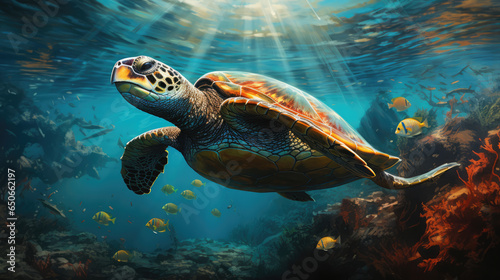 Digitally generated Graceful Caretta Loggerhead Sea Turtle Gliding Underwater Serenely.