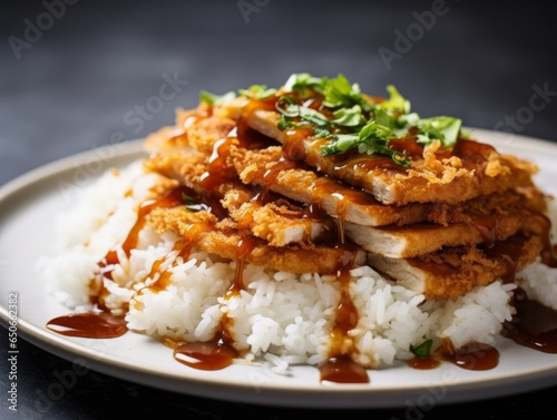 Katsudon  featuring crispy breadcrumb-coated pork filets sitting atop fluffy white rice  with drops of savory brown sauce visible