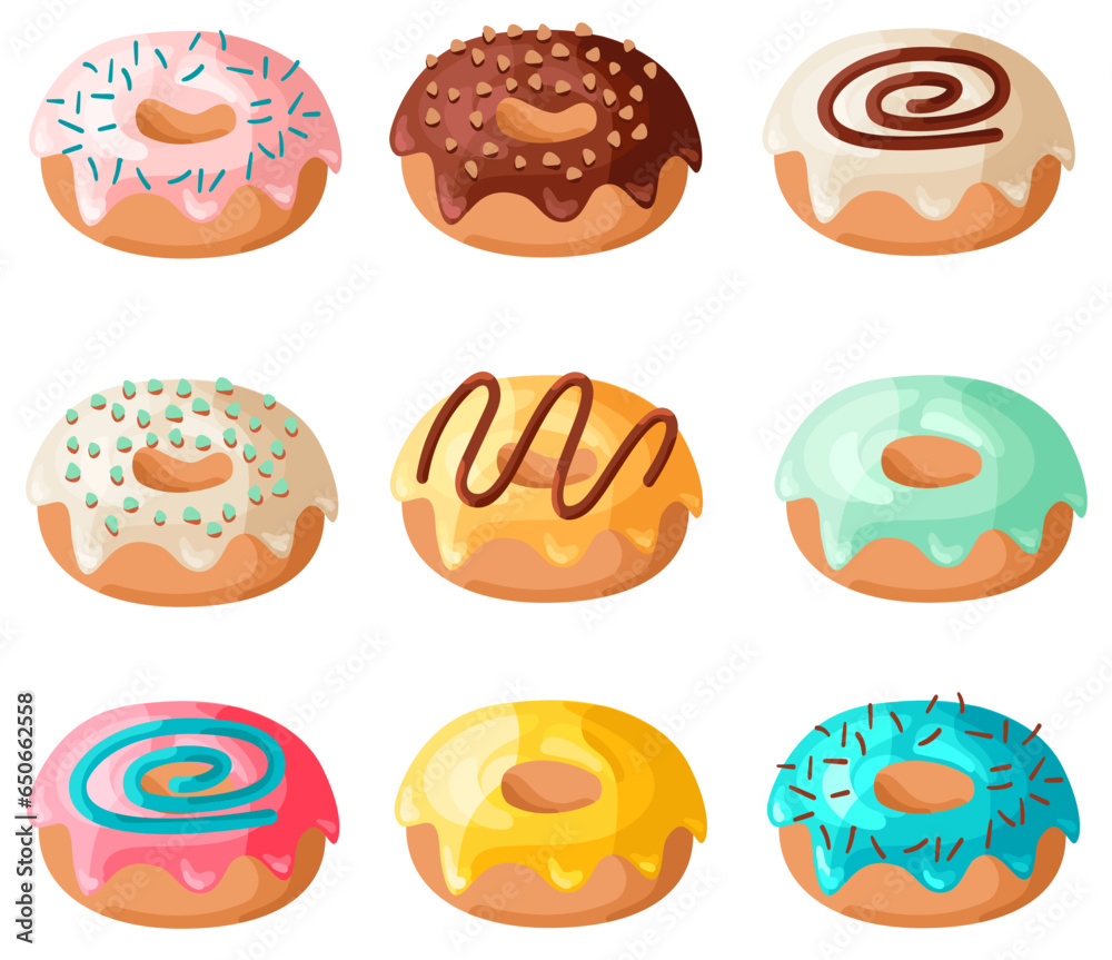 Set of cartoon colorful glazed donuts with different toppings. Doughnuts for decoration, delivery box design, cafe and menu. Isolated on white background.