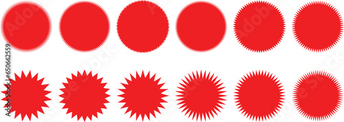 Set of red starburst. Price sticker, sale sticker, price tag, starburst, quality mark, retro stars, sale or discount sticker, sunburst badges, sun ray frames, promotional badge set, shopping labels
