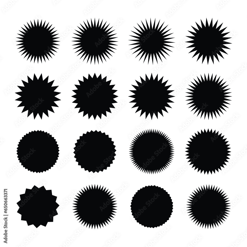 Fototapeta premium Black price tags explosion silhouettes. Starburst retro sale badges. Sunburst retro sale badge, quality signs, sale icons. Vector illustration