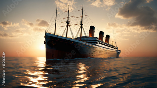 Titanic ship at the sea with sunset in background. High detailed and high resolution concept design illustration photo