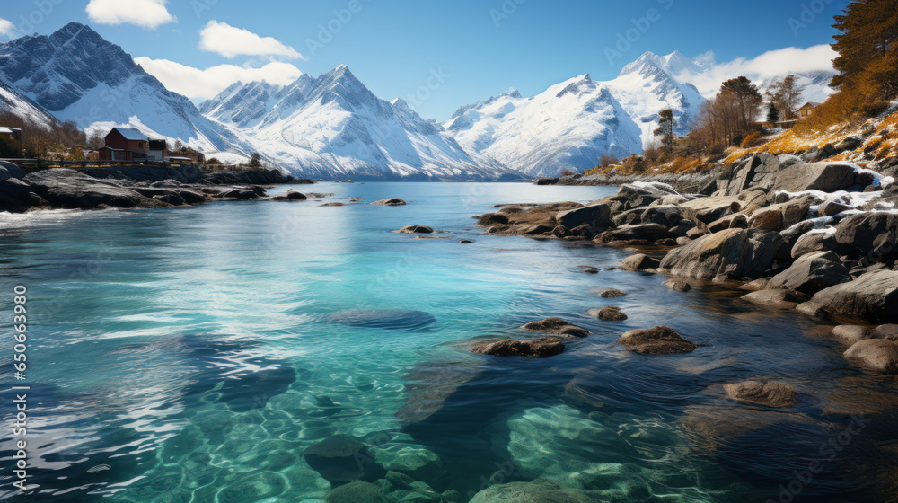 Fototapeta premium Mountain landscape, lake and mountain panorama. Alpine lake with crystal clear blue water and perfect blue sky.