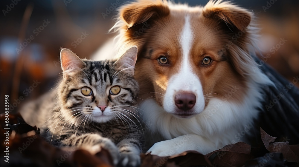Red Border Collie dog and cat lying together in autumn leaves. Red Border Collie dog and cat lying together in autumn leaves.