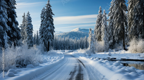 Winter road in the mountains. Winter landscape. Carpathians, Ukraine, Europe. © AS Photo Family