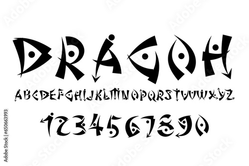 English alphabet in oriental style with numbers.