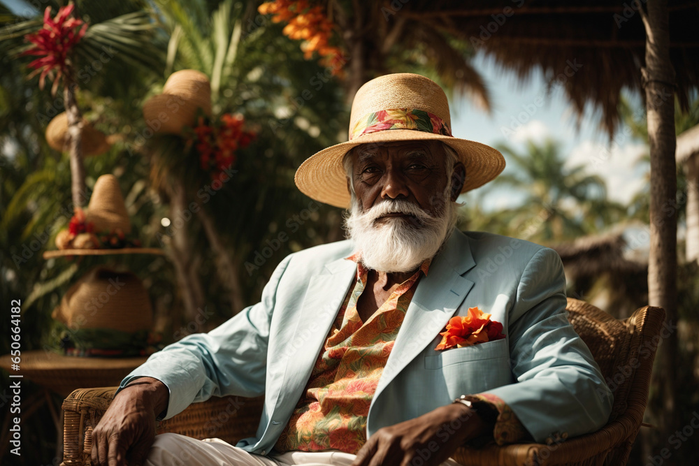Sitting old african man with white beard, suit and hat