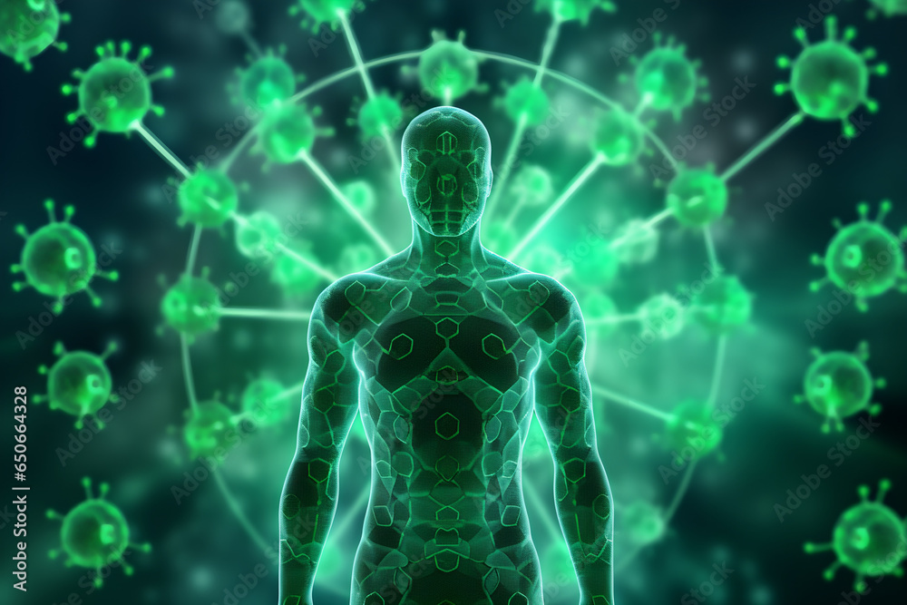 3D rendered digital diagram of the human body with Nipah virus background. greenish digital binary background
