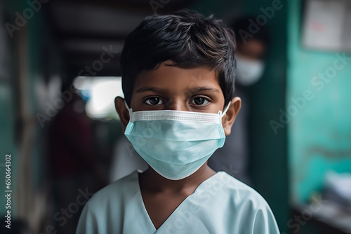 A portrait of an Indian schoolboy wearing a surgical mask during the Nipah virus outbreak photo
