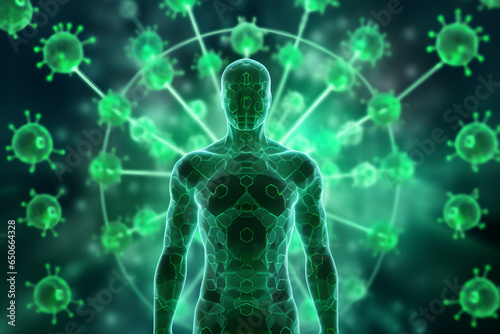 3D rendered digital diagram of the human body with Nipah virus background. greenish digital binary background