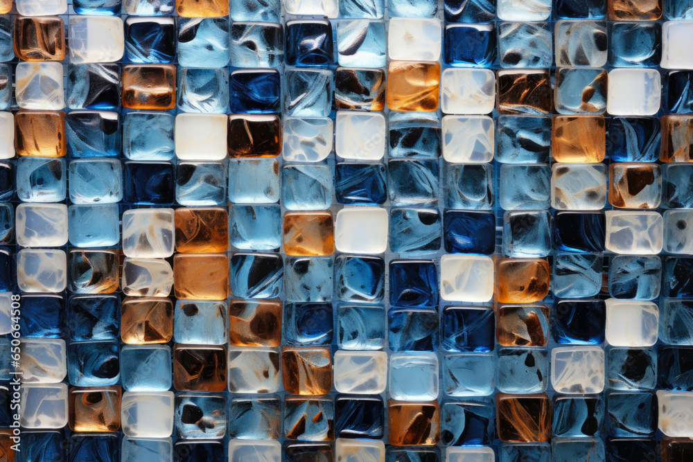 Mesmerizing Glass Mosaic: A Captivating Close-up Revealing the Intricate Craftsmanship and Vibrant Beauty of Handcrafted Translucent Glasswork.