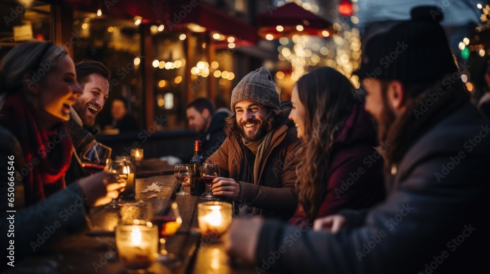 Group of friends having a good time together at the Christmas market. - obrazy, fototapety, plakaty 