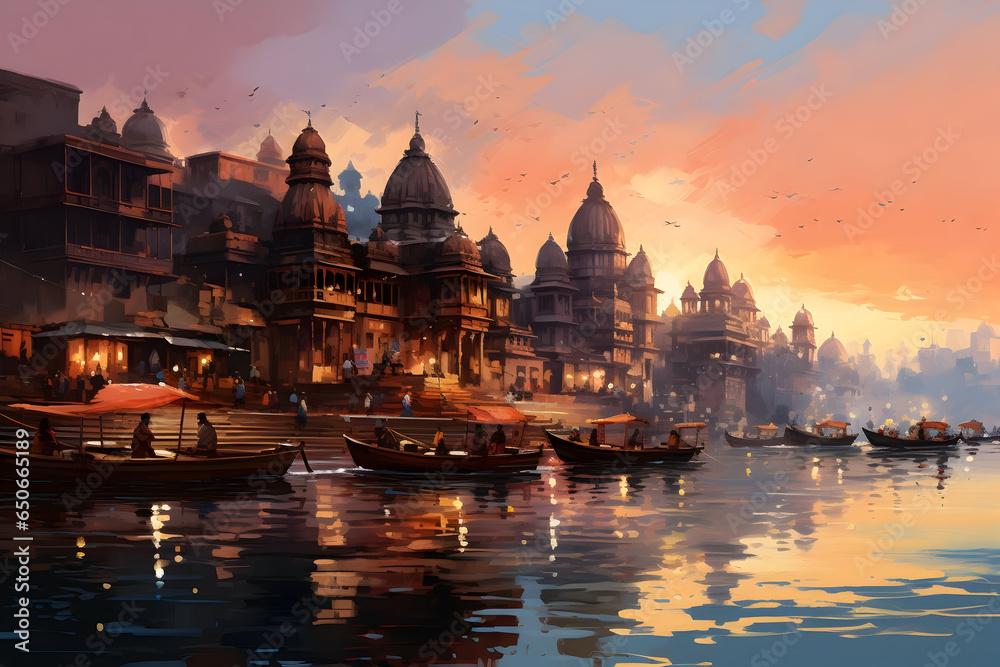 Obraz premium Varanasi's Timeless Beauty Manikarnika Ghat's Ancient Architecture in the Golden Sunset
