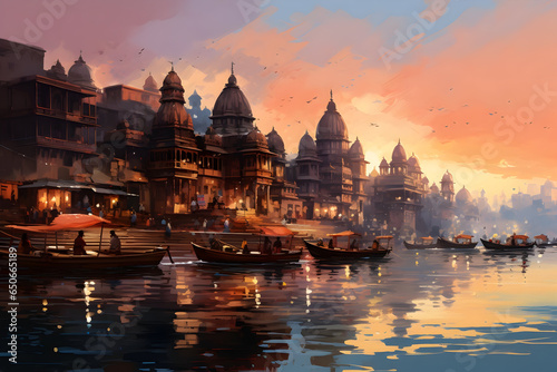 Varanasi's Timeless Beauty Manikarnika Ghat's Ancient Architecture in the Golden Sunset photo