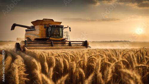 Combine harvester working on wheat field. Harvesting concept