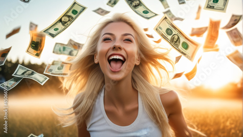 Young blonde woman winning the lottery. Flying banknotes in the air. Smiling of excitement. HIghly detailed and realistic concept design