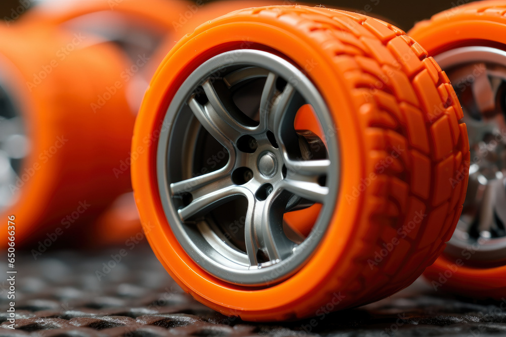 Toy car wheels come to life in a captivating closeup, showcasing intricate detail and lifelike