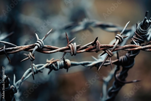 Barbed Wire's Mesmerizing Macro Shot: Intricate Patterns of Captivity Unveil the Menacing Craftsmanship of Metal Security.