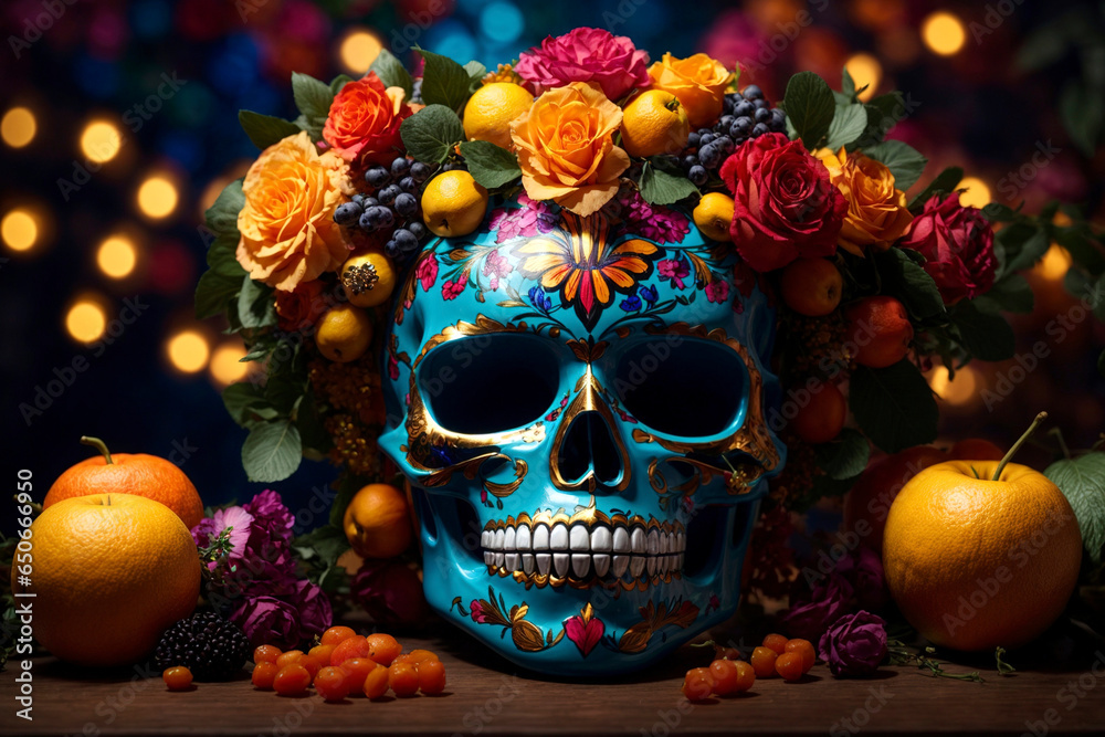 Decorated mexican skull on a table decorated with flowers and fruit on the day of the dead