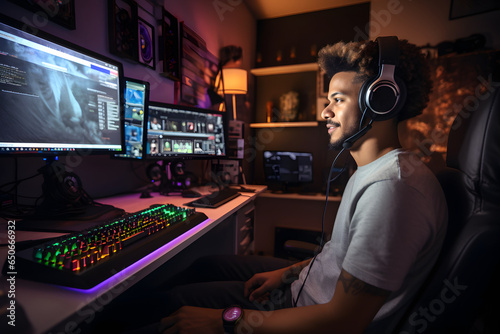 Male content producer and streamer in his home media studio in front of the computer © Patrick Helmholz