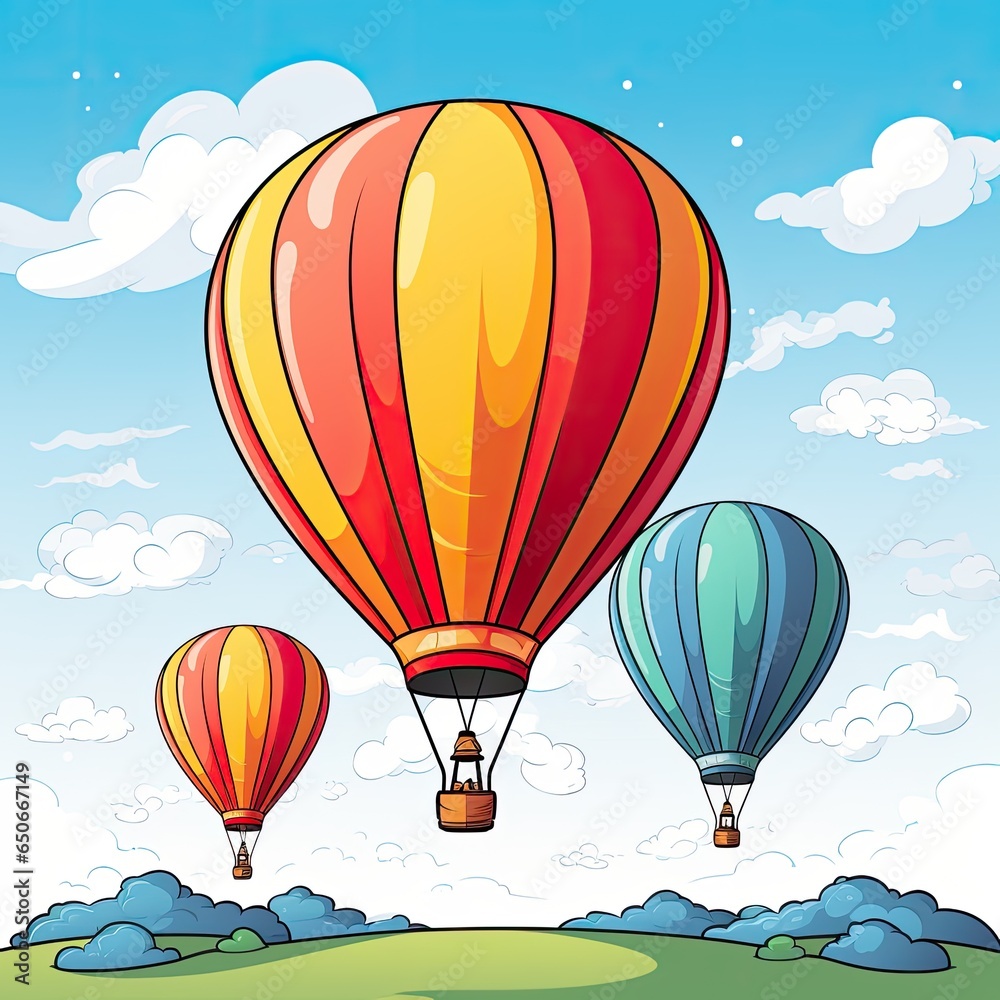 Fototapeta premium Colorful hot air balloons float in the sky in cartoon style