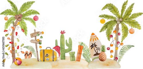Caribbean merry christmas watercolor painting with xmas palm tree, cactuses and surfing board in sand. Tropical beach new year postcard