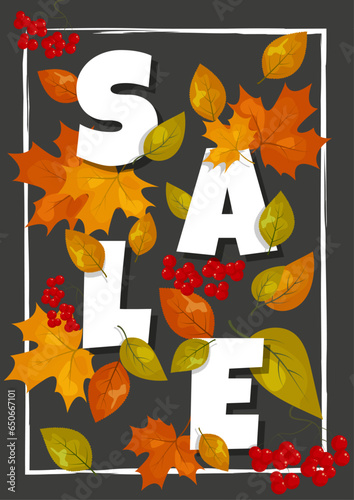 Autumn sale card with red brown and orange leaves and rowen and with SALE written on it