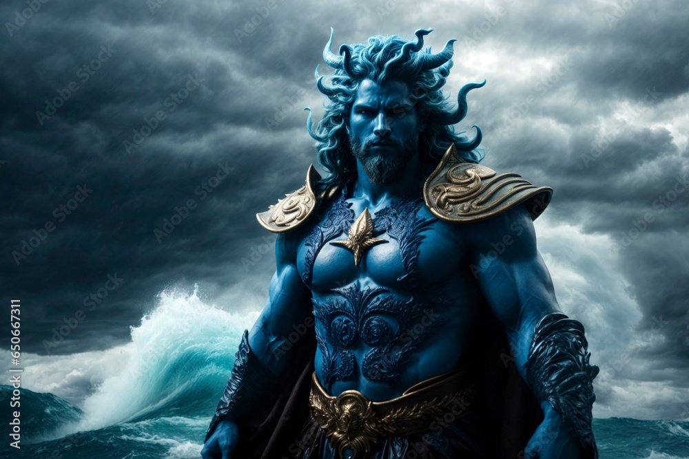 Fantasy figure Odysseus, in the background the wild sea Fantasy figure Odysseus, in the background the wild sea