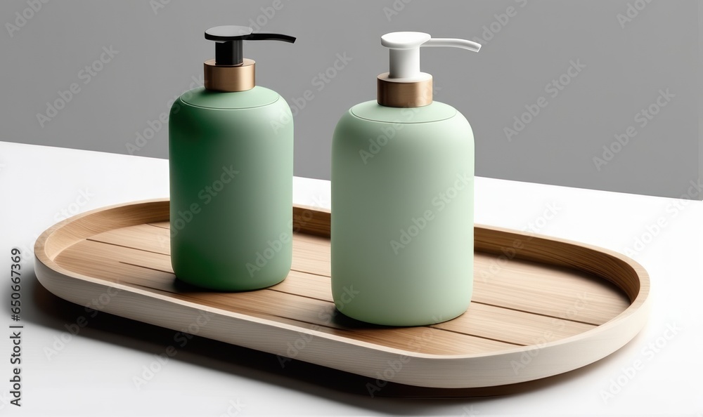 Precisionist Soap Bottles on Wooden Tray: Light Gray and Green Double Tone Installation Precisionist Soap Bottles on Wooden Tray: Light Gray and Green Double Tone Installation