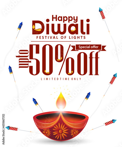 50% Off Happy Diwali Promotion Sale Poster Design Template. Diwali Diya oil lamp with firecrackers on white background on Diwali festival.