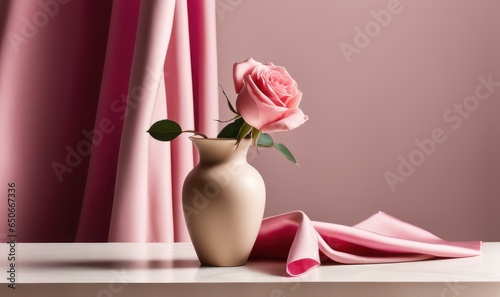 Minimalist Tabletop with Rose in Vase and Flowing Draperies  Light Magenta and Beige Blend