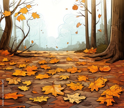 Crisp autumn leaves rustle underfoot in cartoon style on a white background