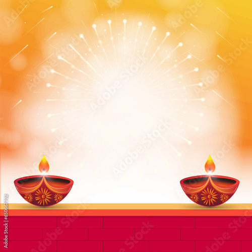 Happy Diwali Background. Two diyas on red brick wall and fire crackers bursting on yellow background during Diwali festival. Vector illustration.